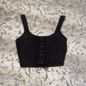 Black denim corset style top with lace up detail